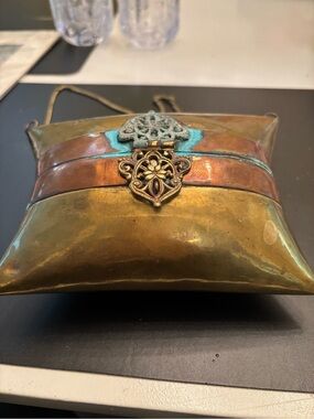 Vintage-Inspired Brass Accent Crossbody Bag in Patina Gold and Copper